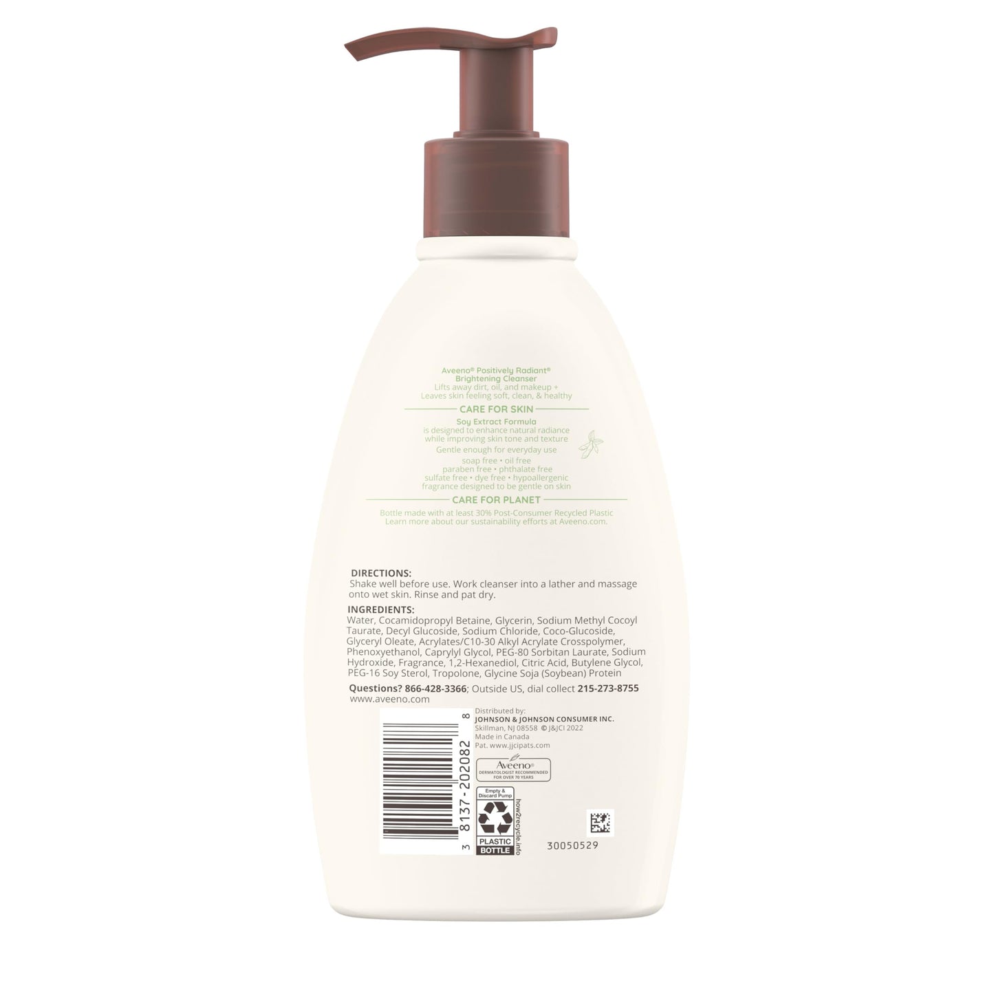 Aveeno Positively Radiant Brightening Facial Cleanser 11 oz – Moisture-Rich Soy Extract, Gentle for Sensitive Skin, Non-Comedogenic & Hypoallergenic