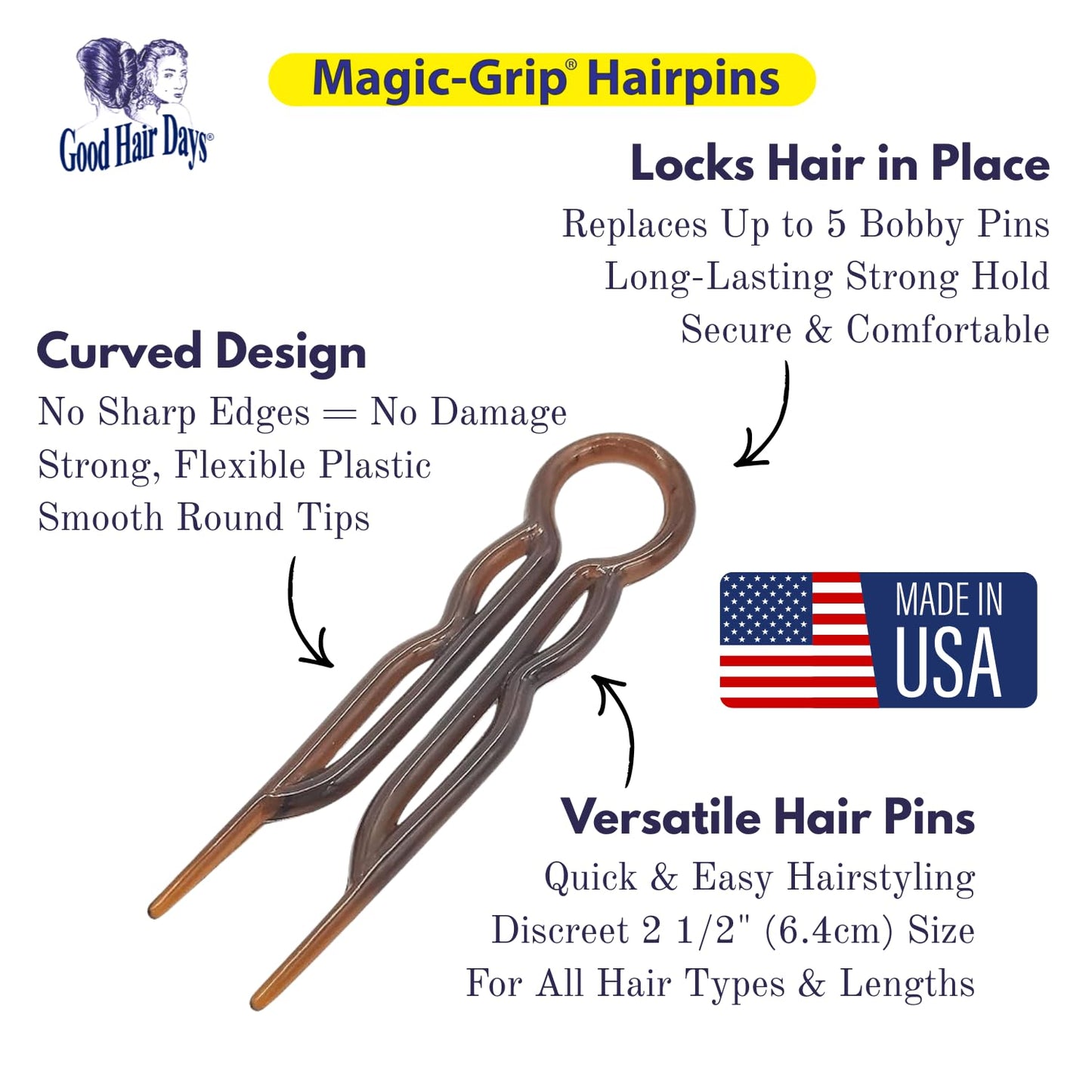 Good Hair Days Magic-Grip Hairpins - 2 1/2" U-Shaped Grip Hair Pins for Fine, Thick, Curly & Long Hair, Invisible Strong Hold Styling Accessories, Set Beauty and Personal Care Good Hair Days