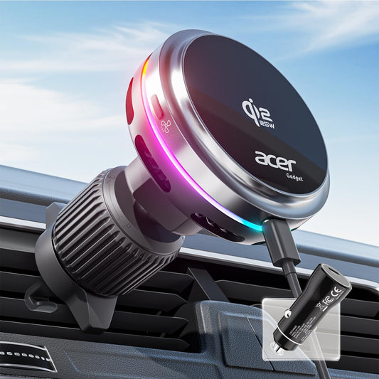 acer Qi2.2 25W Mag-Safe Car Mount Charger, Wireless Car Charger with Cooling Fan, Glass Panel & Backlight,Vent Phone Mount with 45W…