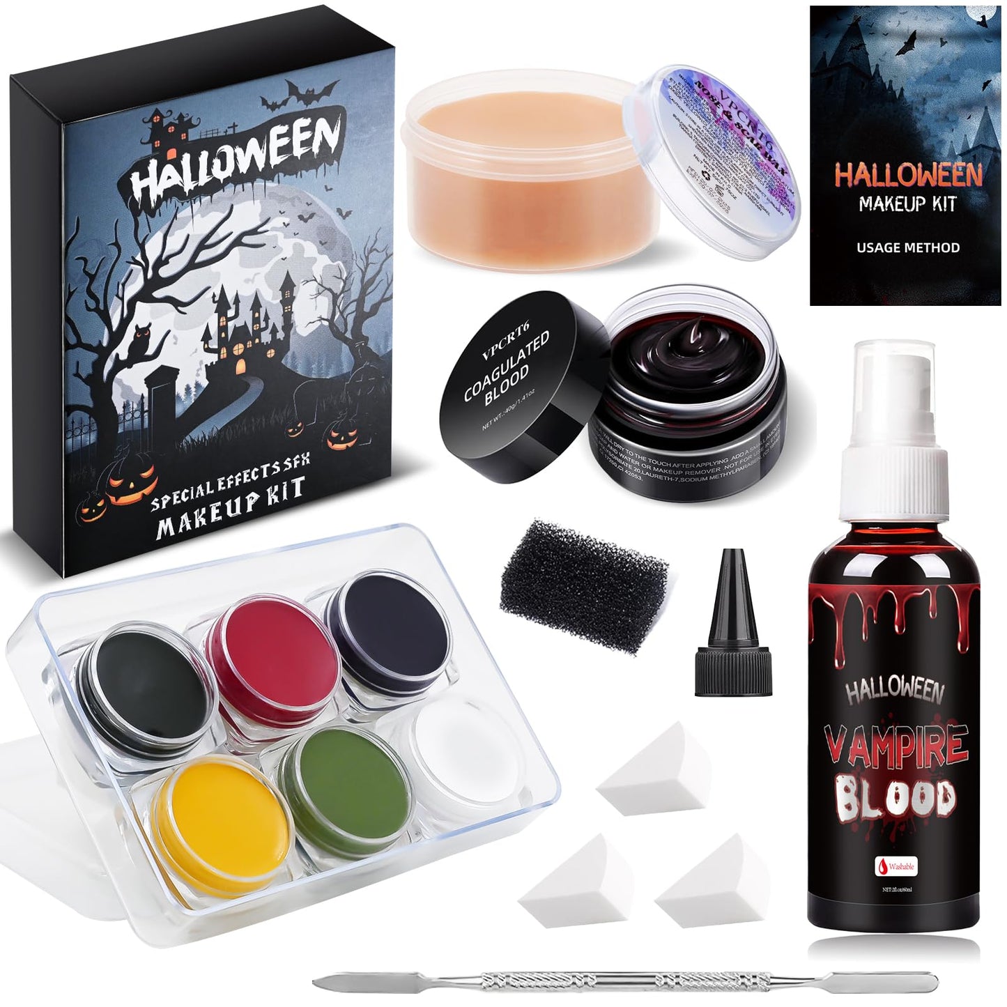 Special Effects SFX Halloween Makeup Kit, Professional Horror SFX Makeup Set with Scar Wax+Bruise Palette+Fake Blood Spray+Realistic Blood Gel