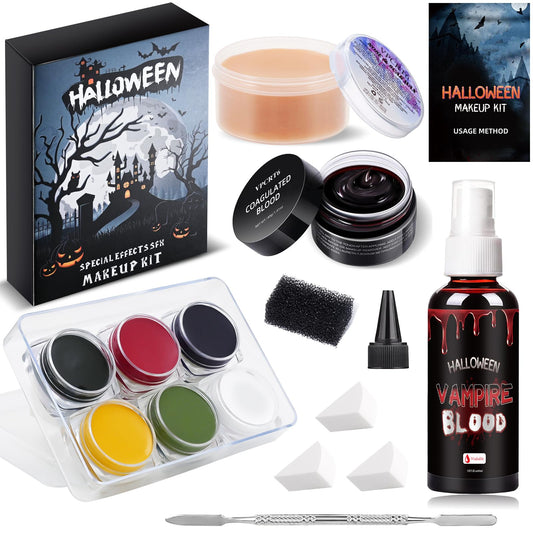 Special Effects SFX Halloween Makeup Kit, Professional Horror SFX Makeup Set with Scar Wax+Bruise Palette+Fake Blood Spray+Realistic Blood Gel