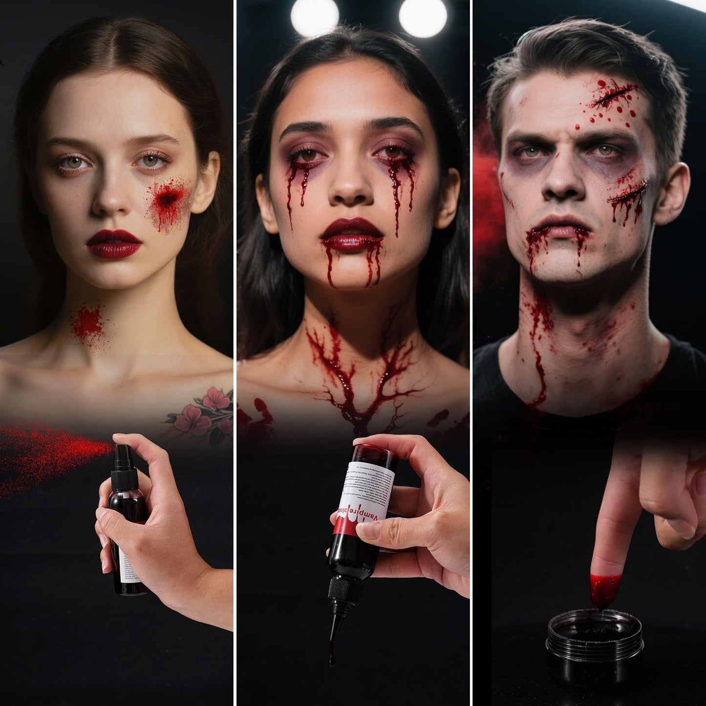 Vampire Blood Fake Blood Kit - Coagulated Gel, Spray & Dripping Liquid for Realistic Vampire Zombie SFX Makeup, Skin-Safe Washable Special Effects