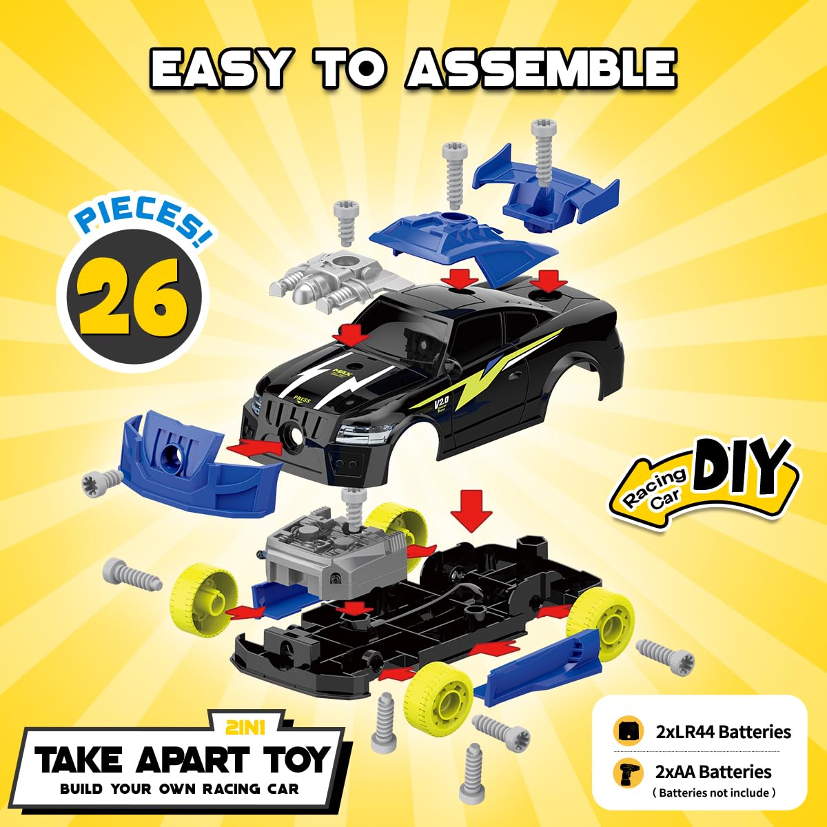GILOBABY 26-Piece Take Apart Racing Car – STEM Building Toy with Electric Drill, Lights & Sounds, Educational Gift for Boys Ages 3–5