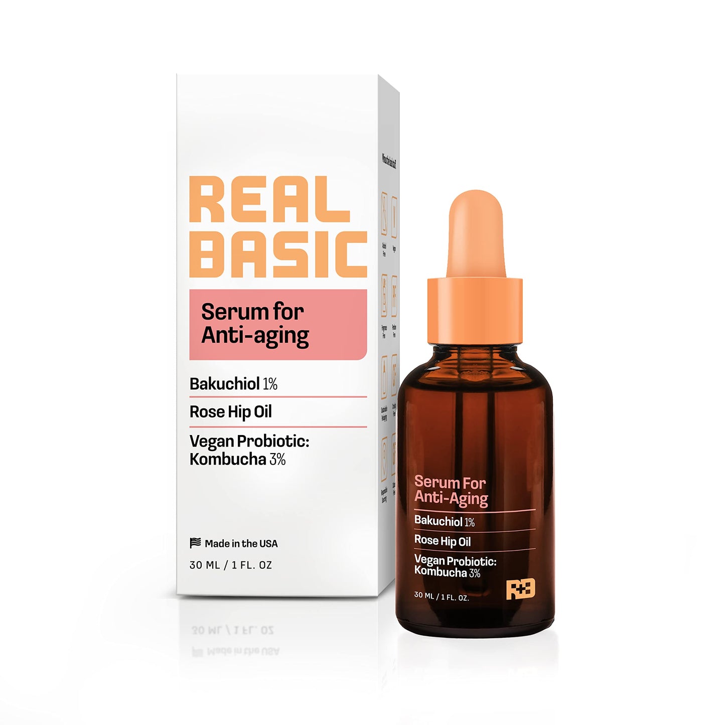 Real Basic Serum for Anti-Aging with Bakuchiol, Rose Hip Oil and Vegan Probiotic Kombucha 1 oz. - Backuchiol Anti Aging Serum & Bakuchiol Skin Renewal Beauty & Personal Care REAL BASIC