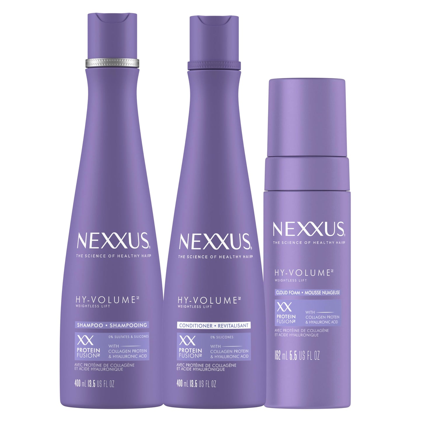 Nexxus HY-VOLUME Weightless Lift Shampoo, Conditioner & Foam 3 Pack PROTEIN FUSION with Collagen Protein & Hyaluronic Acid For Flat & Limp Hair for 48