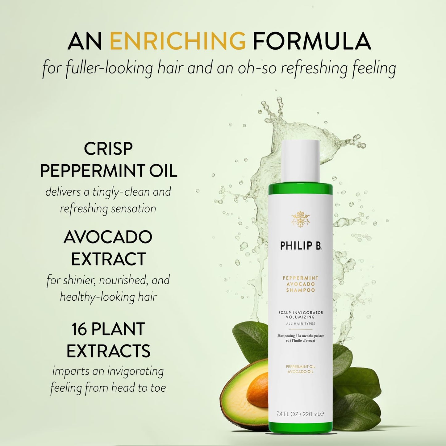 PHILIP B Peppermint Avocado Shampoo, 7.4 fl. oz. (220 ml) - Volumizing & Clarifying Shampoo for Dry to Oily Hair and Scalp, Non-Stripping