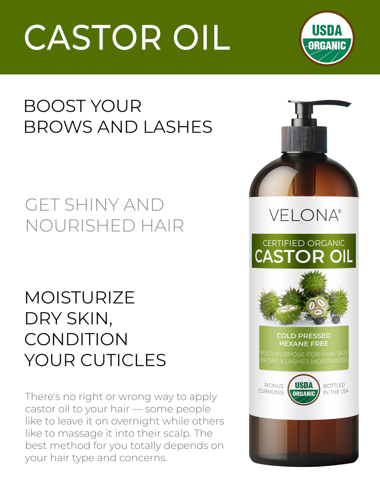 velona USDA Certified Organic Castor Oil - 16 fl oz (With Pump) | For Hair Growth, Boost Eyelashes, Eyebrows | Cold pressed, Natural Oil, USP Grade |