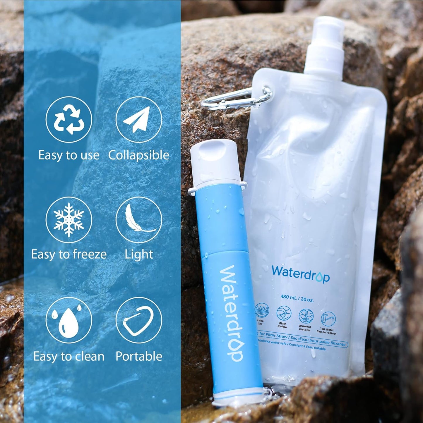 Waterdrop 16 oz Collapsible Water Pouch, Pack of 3, Hiking, Camping, Travel, BPA-Free, Reusable, Foldable