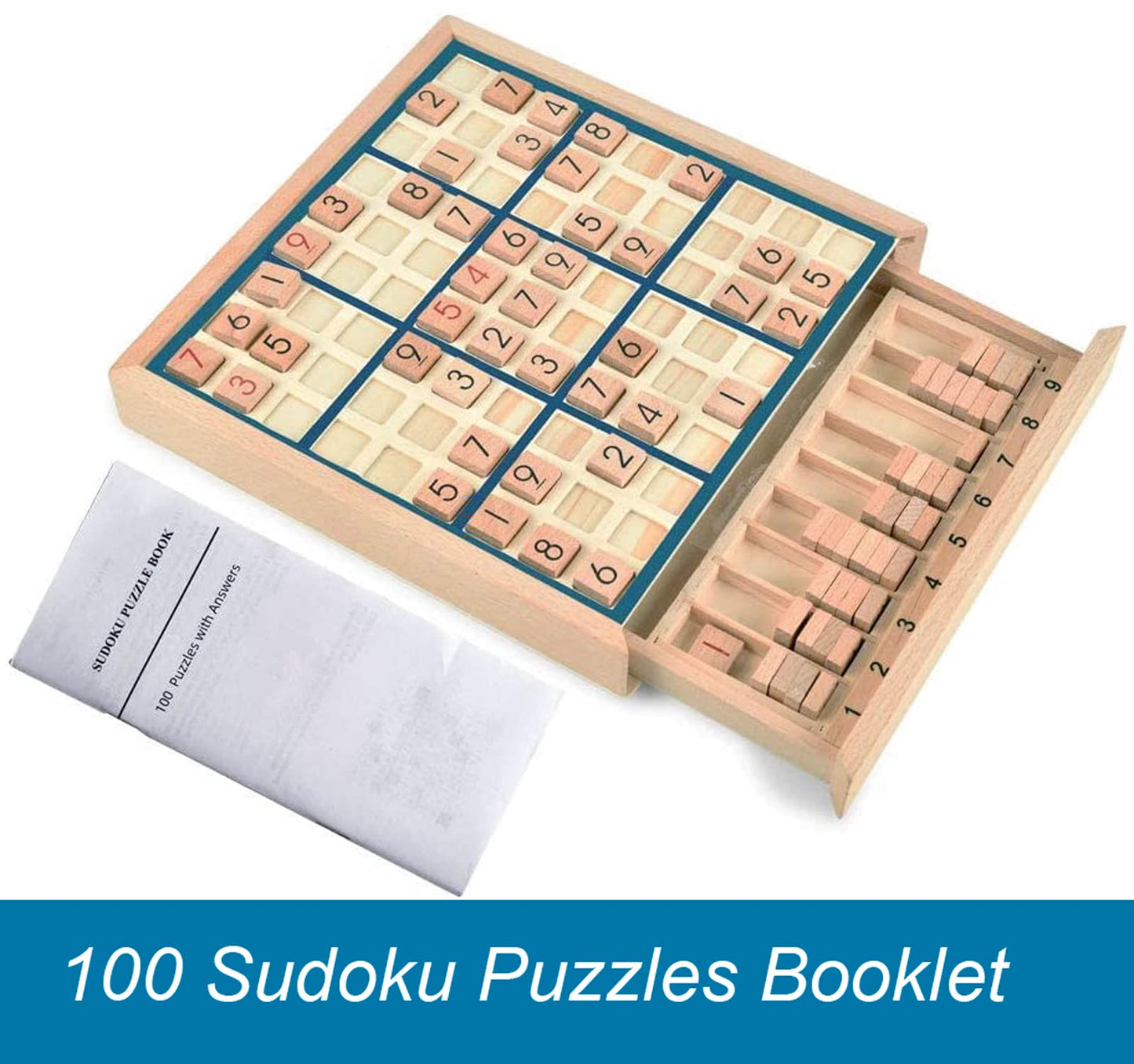 BOHS Wooden Sudoku Board Game with Drawer - with 100 Puzzles Sudoku Book for Adults - Brain Teaser Desktop Toys