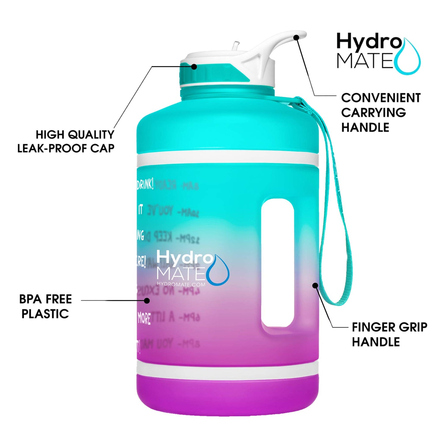 NatureWorks HydroMATE 64 oz Water Bottle with Time Markers BPA Free Reusable Leak Proof Jug with Straw and Handle 64 oz (Turquoise Purple)
