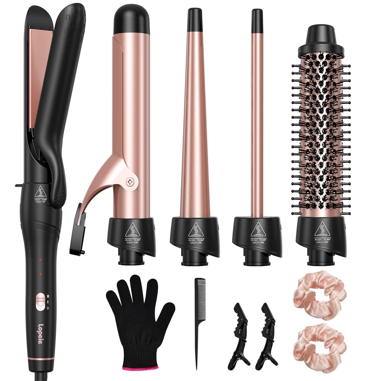 Lopeie 5 in 1 Curling Iron with Thermal Brush and 4 Interchangeable Ceramic Barrels(1/2 to 1 1/2 inch), Curling Wand Set with Flat Iron, Fast Heating Beauty and Personal Care Lopeie