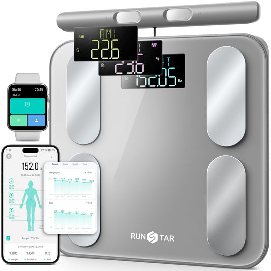 RunStar Digital Bathroom Scale for Body Weight, Body Fat, BMI 28 Measurements, Innovative 8-Electrode Smart Scales FSA&HSA Eligible with Voice Prompt…
