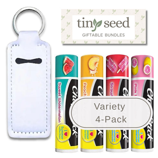 TINY SEED Gift Set: Variety 4-Pack Lip Balm: Strawberry Ice Pop, Pink Lemonade, Peaches & Cream, Sweet Watermelon. Limited Edition I Love Summer
