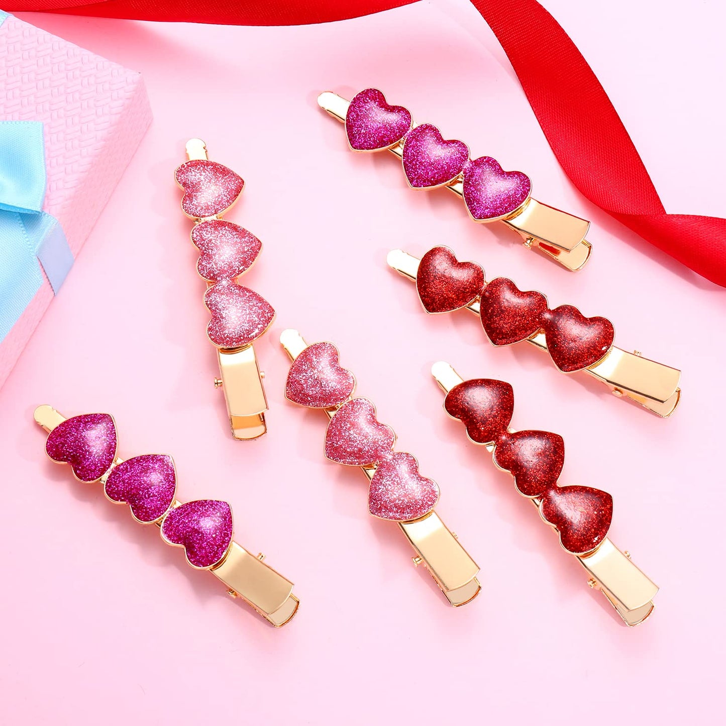 Boderier 6 Pack Valentine's Day Heart Hair Clips for Women Red Pink Fuchsia Glitter Rhinestone Heart Clips Hair Barrette Hair Accessory for Women