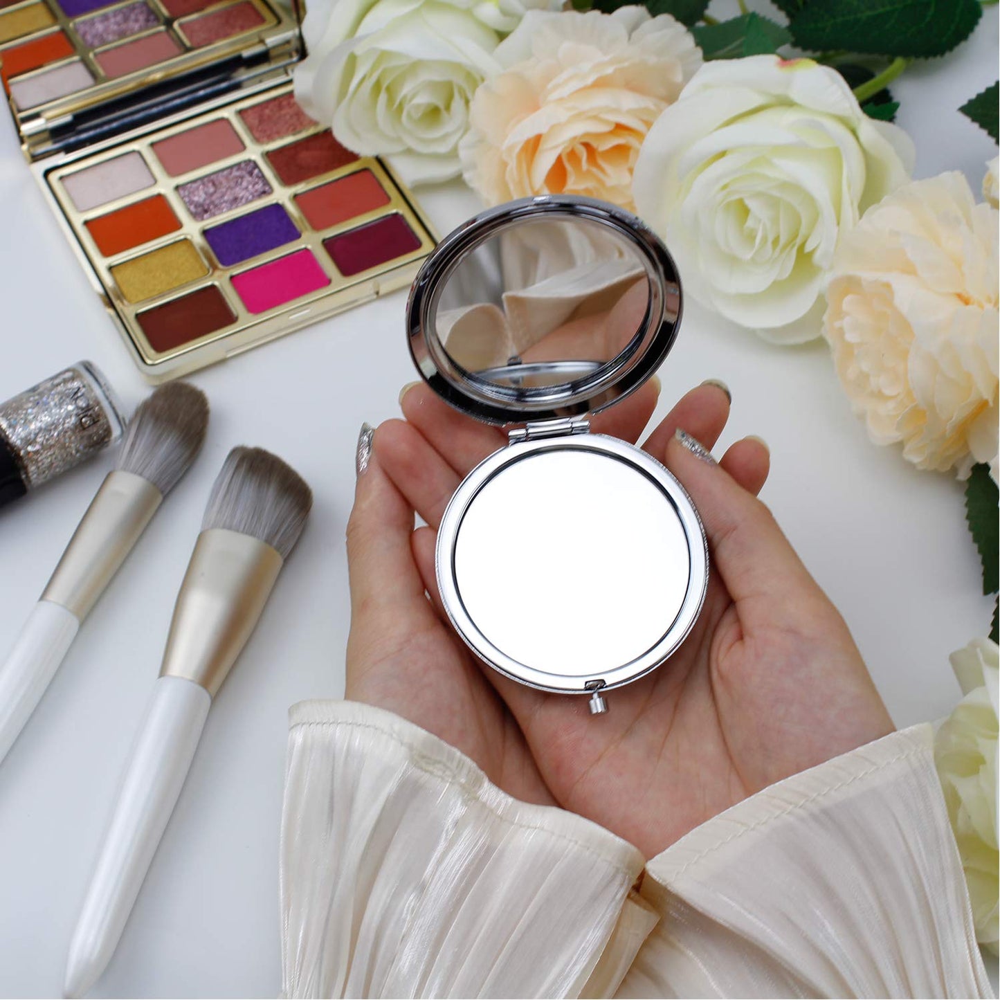 Forest Kiss Daughter Gifts Silver Stainless Steel Compact Makeup Mirror Graduation Birthday with Gift Box