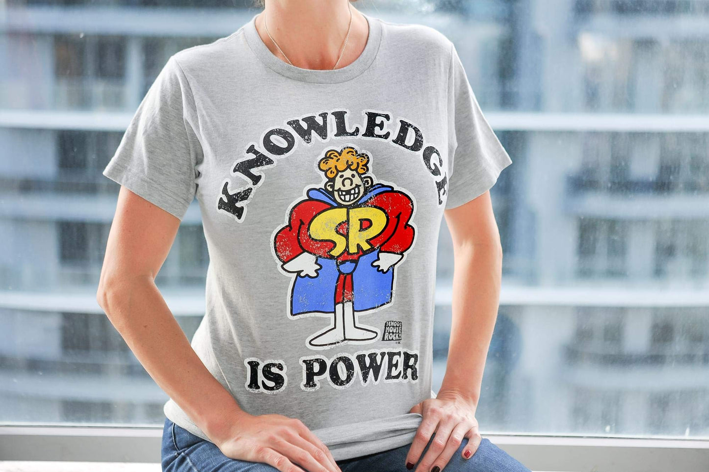 Schoolhouse Rock! Knowledge is Power Adult T-Shirt - Grey, Light-Weight, Short-Sleeve, Unisex, Crew Tee - Features Schoolhouse Rocky Caped Superhero