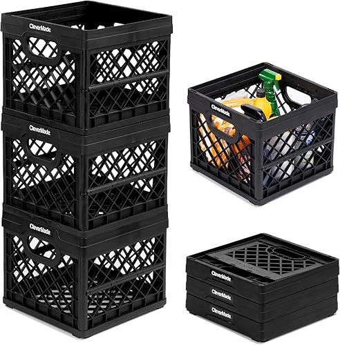 CleverMade Collapsible Milk Crate, Black, 3PK - 25L (6 Gal) Stackable Storage Bins, Holds 50lbs Per Bin - Clevercrates are Heavy Duty, Plastic…