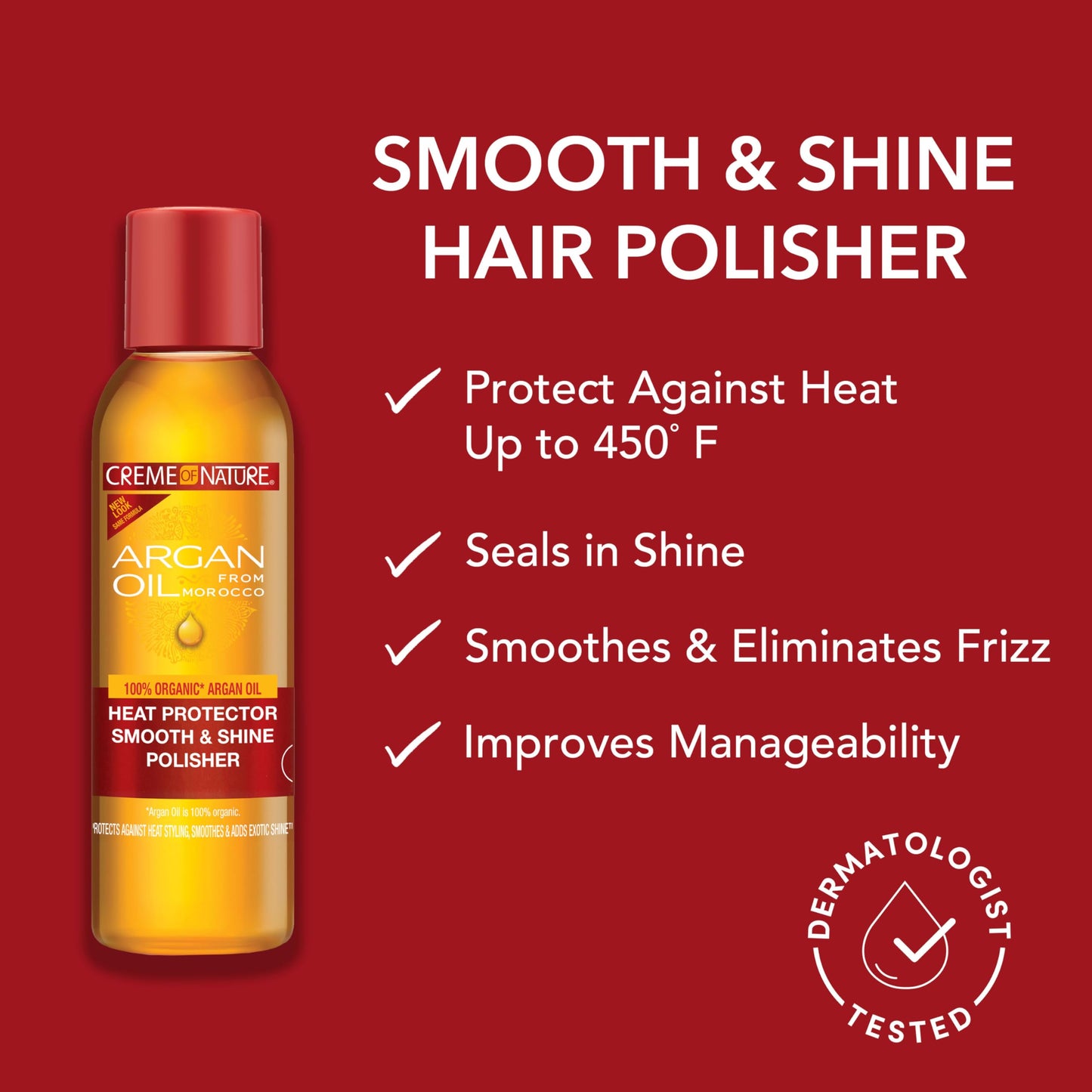 Creme of Nature Heat Protector Smooth & Shine Polisher, Smooths Hair, Protects Up to 450°F, Infused with Argan Oil, Stocking Stuffer for Women, 4 fl
