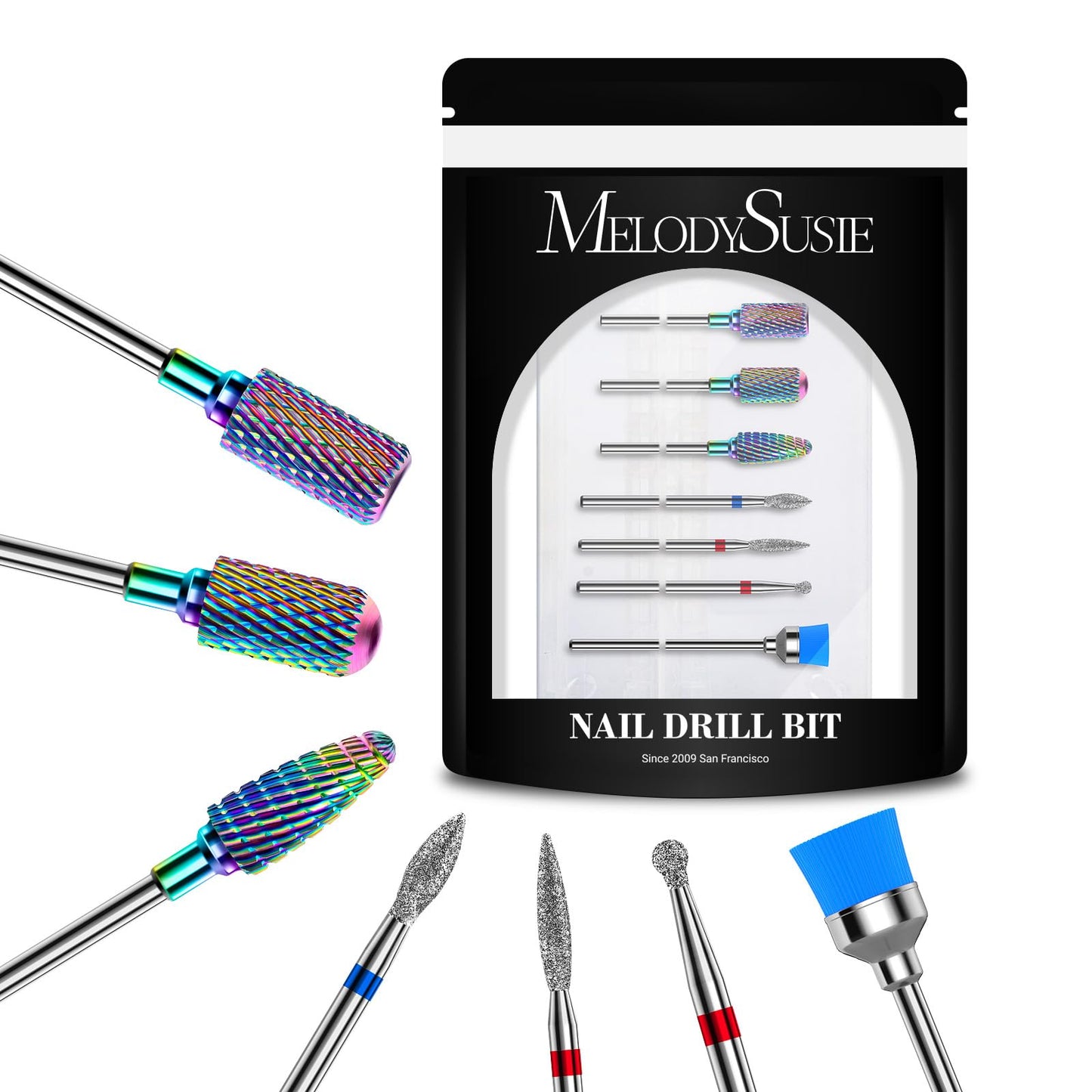 MelodySusie Nail Drill Bits Set, 7pcs Tungsten Carbide Diamond Nail Drill Bits for Acrylic Nails Poly Gel Cuticle Remove, 3/32'' Professional Nail