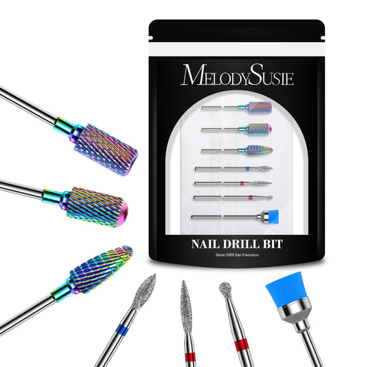 MelodySusie Nail Drill Bits Set, 7pcs Tungsten Carbide Diamond Nail Drill Bits for Acrylic Nails Poly Gel Cuticle Remove, 3/32'' Professional Nail