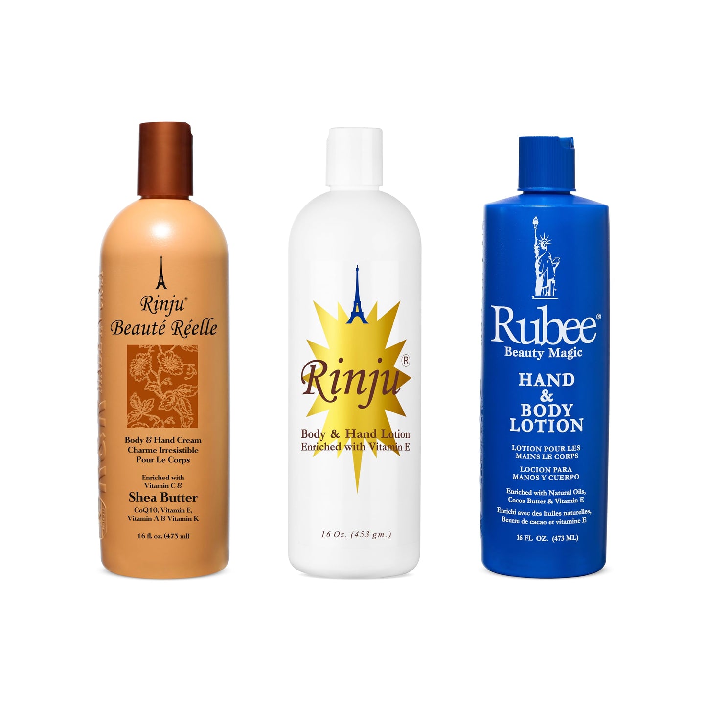 Rinju Body & Hand Lotion - Pack of 3 Non-Greasy Lotion for Women & Men - 16oz - Rubee Cacao Butter Lotion for Extremely Dry Skin - Vitamin E