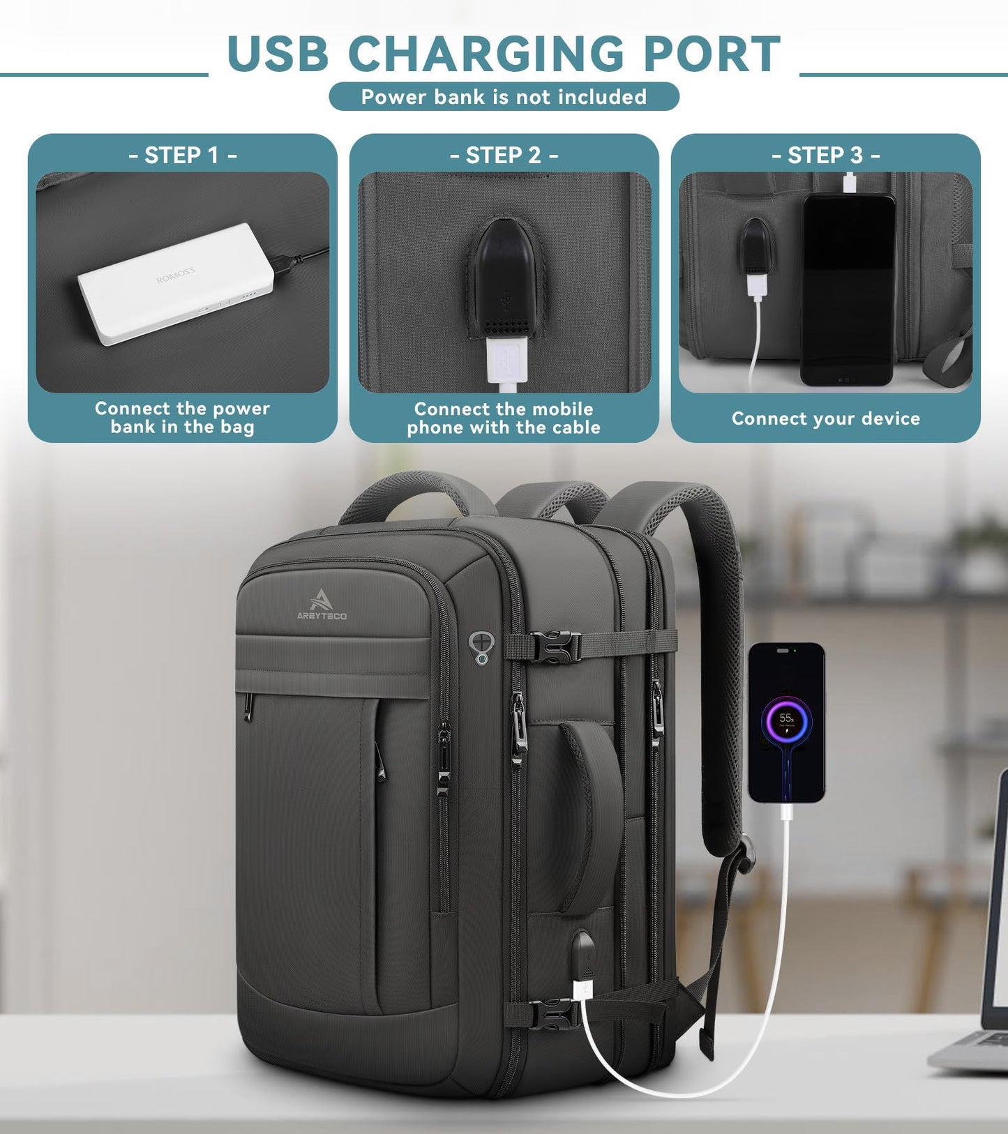 AREYTECO Travel Backpack, 50L Expandable Extra Large Laptop Backpack, Carry On Backpack Water Resistant Business Suitcase Daypack Bag Fits 17 Inch Laptops, Travel Gifts for Men Women, Black