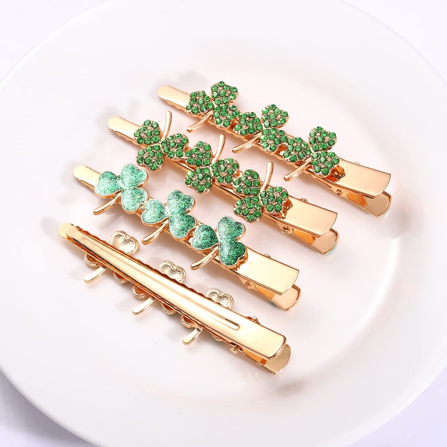 St.Patrick’s Day Hair Clips Crystal Glitter Shamrock Hairpins Green Lucky Leaf Embellished Gold Alligator Hair Clips for Party Gift (2 Pairs Lucky