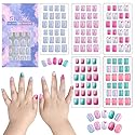 SIUSIO 120 Pcs 5 Pack Children Acrylic Fake Nails Press on Pre-glue Full Cover Glitter Gradient Color Rainbow Short False Nail Art Kits Set for Kids