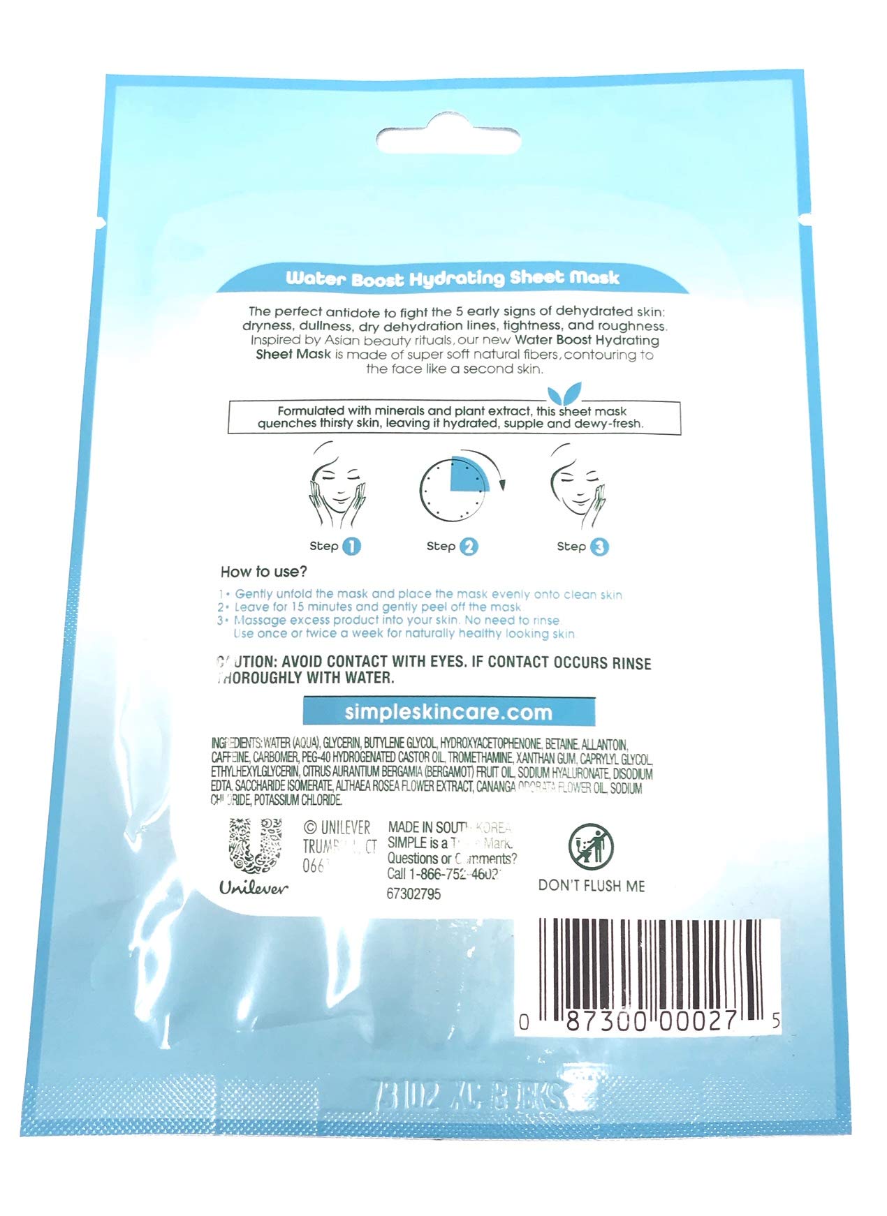 Simple Water Boost Hydrating Sheet Mask, 1 Mask (Bundle of 2)