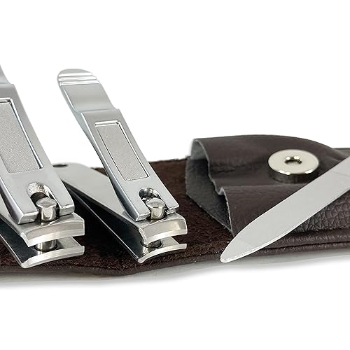 Nail Clippers by Zizzili Basics - 3 Piece Nail Clipper Set - Stainless Steel Fingernail & Toenail Clippers with Nail File and Brown Travel Case - Best
