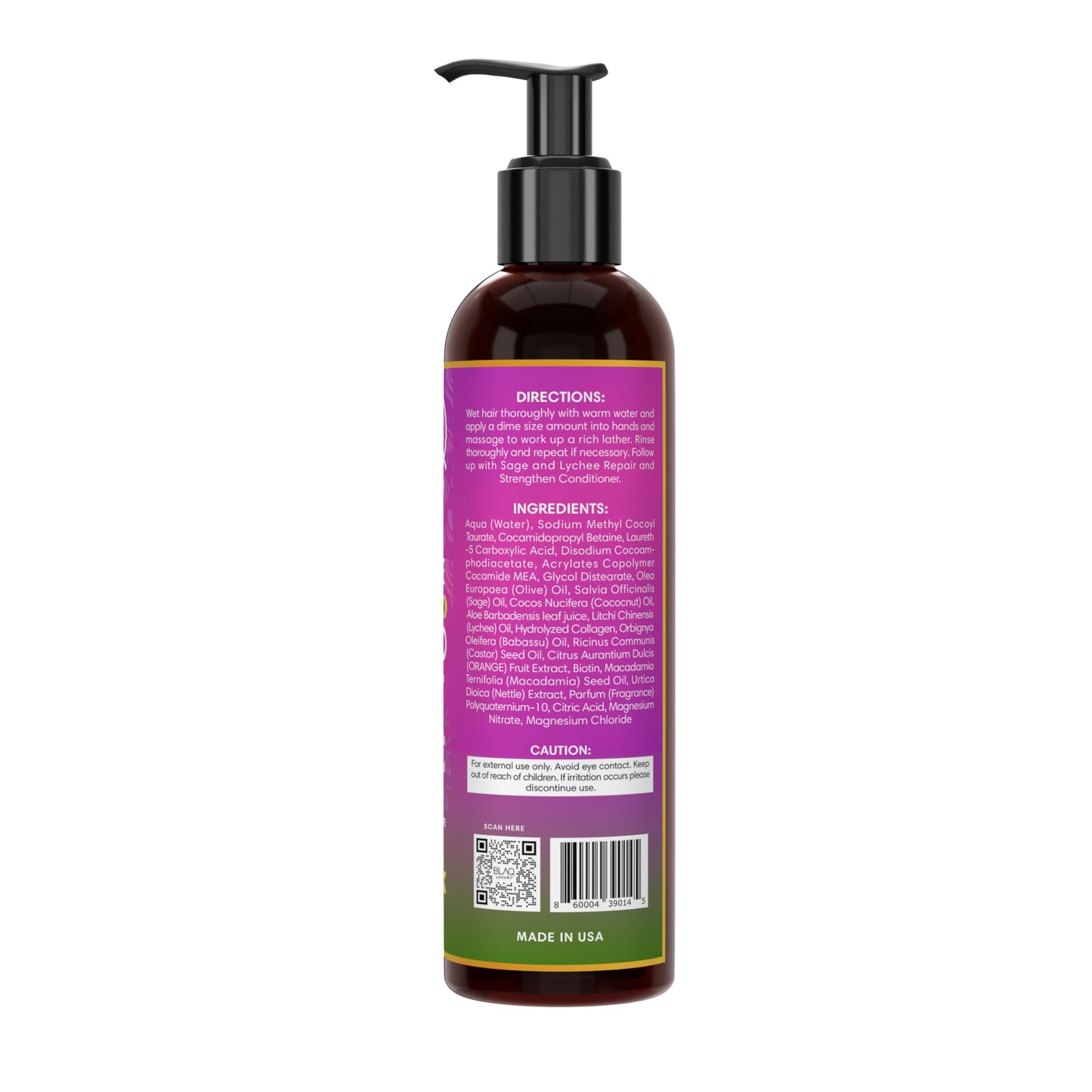 Blaq Luxury Sage & Lychee Repair and Strengthen Shampoo - Infused with Biotin and Nettle - Sulfate-Free Formula for All Hair Types - Promotes Hair
