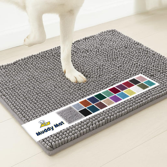Muddy Mat® Super Absorbent Microfiber Dog Door Mat – Non-Slip, Quick-Dry Chenille Rug for Muddy Paws – Washable Indoor/Outdoor Pet Carpet, Grey 30"x19"