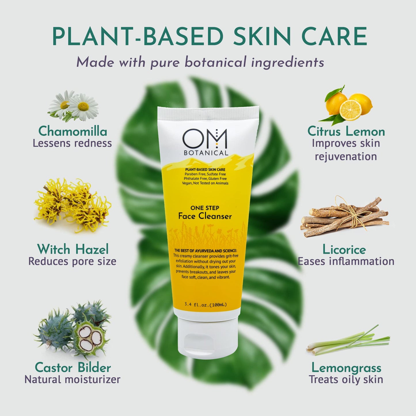 OM Botanical One Step Face Cleanser - 3-in-1 Natural Face Wash, Enzyme Exfoliator & Toner - Pineapple & Papaya Enzymes, Gram Flour - pH Balanced
