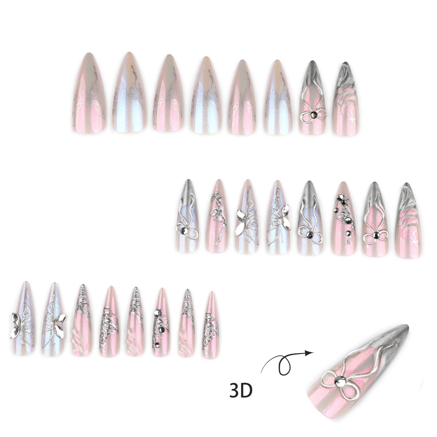 SEENEEY Long Press on Nails Stiletto Fake Nails Silver Artificial Nail Butterfly and Bow Designs Sparkly Stick on Nail for Women 24pcs Beauty and Personal Care SEENEEY