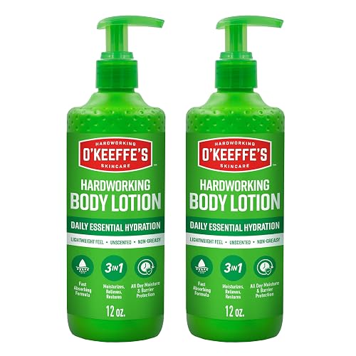 O’Keeffe’s Hardworking Body Lotion, Deep Hydration for Extremely Dry & Cracked Skin, 12 oz Pump (2 Pack), Fragrance-Free & Hypoallergenic, Non-Greasy