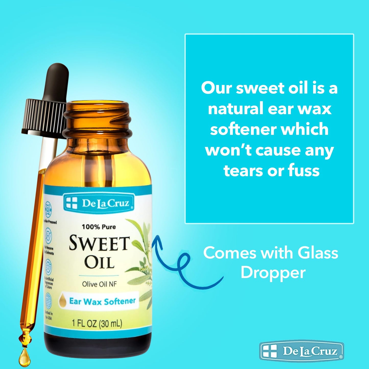 De La Cruz Ear Wax Remover and Earwax Softener, 100% Pure Sweet Oil for ears, Gentle and Natural Ear Oil - 1 Fl OZ - 2 Pack