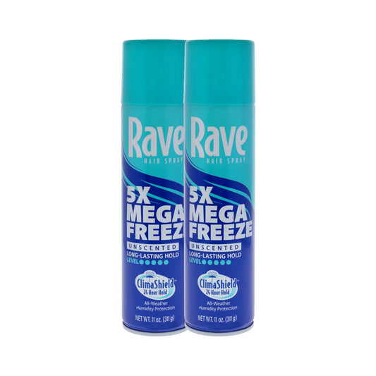Rave 5X Mega Freeze Unscented Aerosol Hairspray by Rave - Heat Protection, Long Lasting Firm Hold - Minimizes Frizz and Static - 2 pc