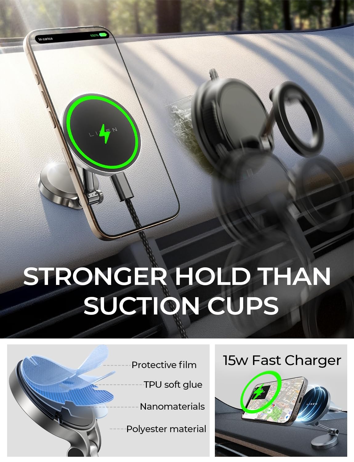 LISEN Magsafe Car Mount Charger, 15W Fast Charging Magnetic Wireless Car Charger [Mini & Fast Charging], 2025 Ultra Magnetic Car Phone Holder…