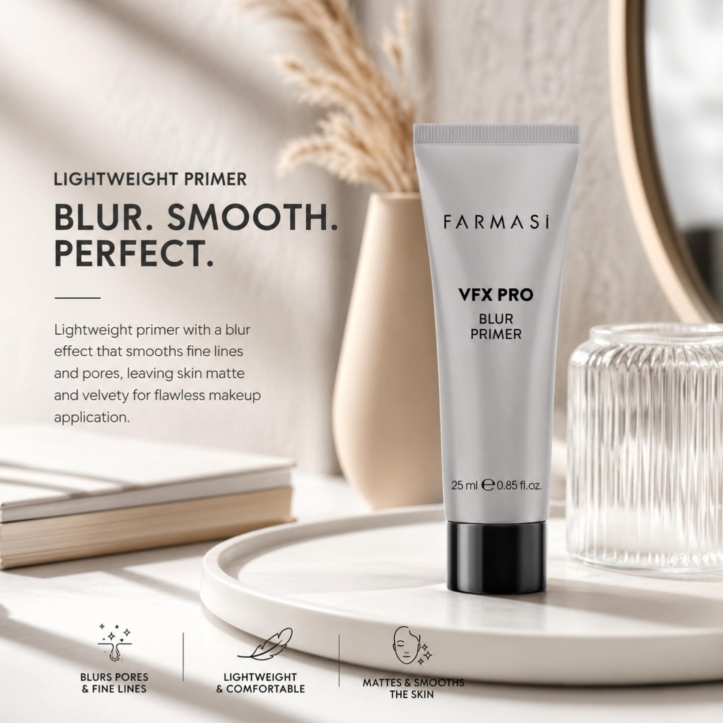 FARMASi VFX Pro Blur Makeup Primer, Smoothing Face Base with Soft-Focus Finish, Oil-Free Matte and Velvety Feel, Helps Minimize the Look of Pores and Fine Lines, Vitamin E, 0.85 fl oz, Blur