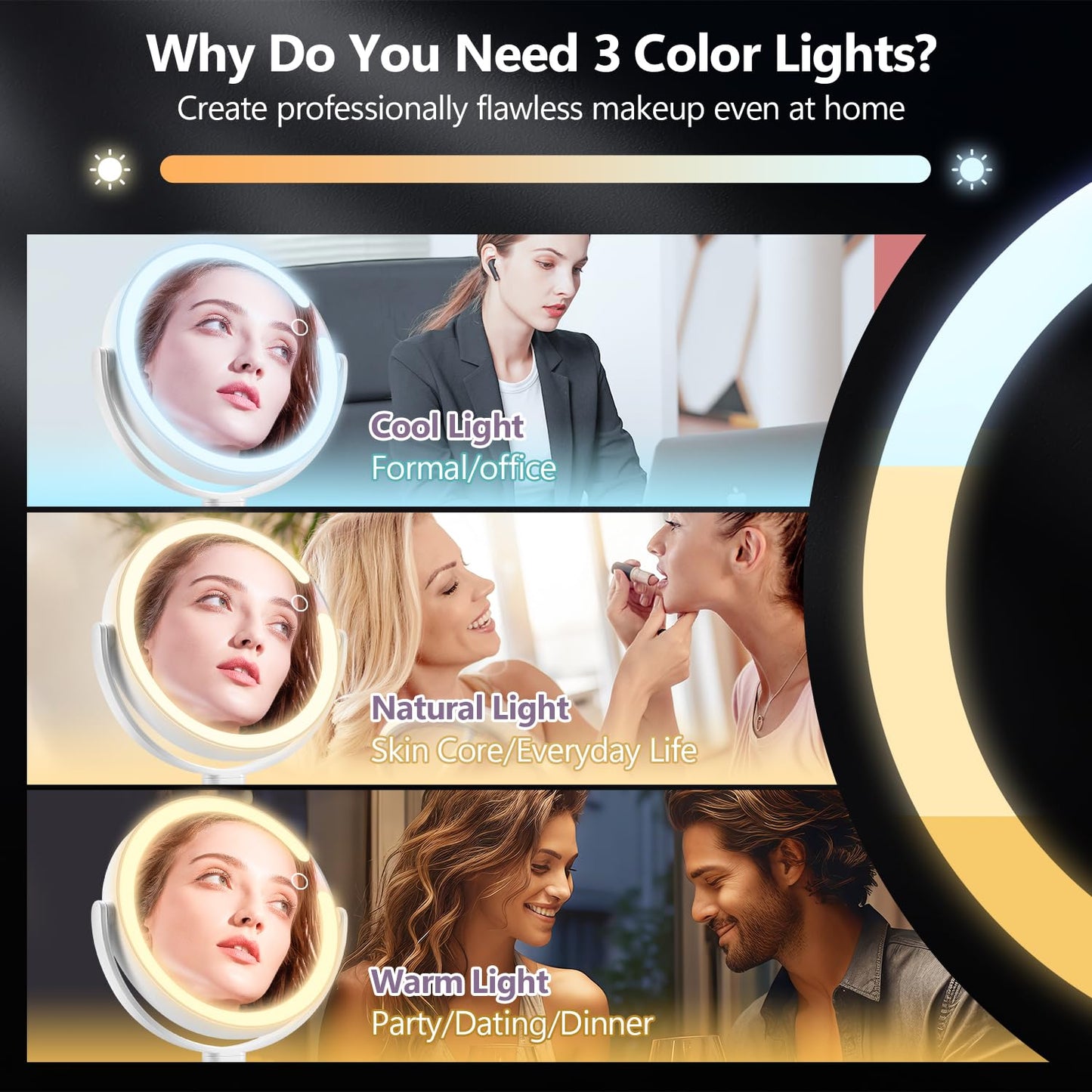 MIYADIVA Makeup Mirror with Lights,20X Magnifying Mirror with Light and Touch Switch,Vanity Mirror with 3 Color Light and 80 LEDs,2-Sided Lighted Beauty and Personal Care MIYADIVA