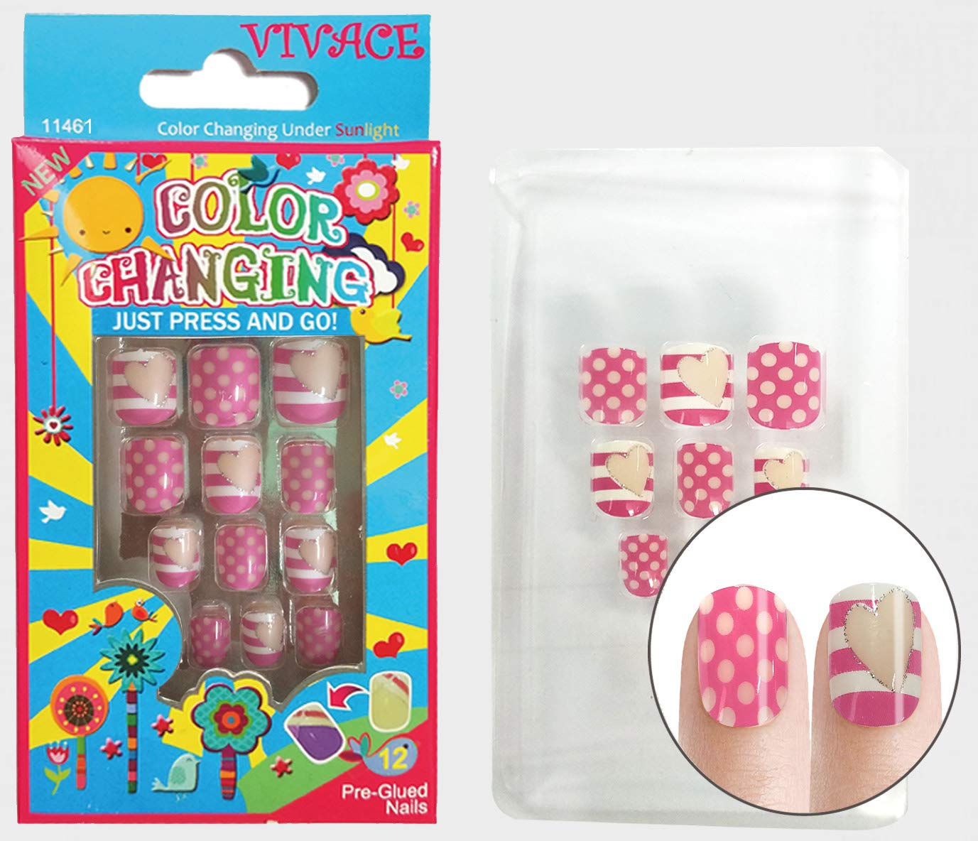 Vivace 4Pack 48Tips Color Changing Under Sun Fake Nails, Artificial Preglued Junior Sticker Nails 11461 etc (Sun 1)