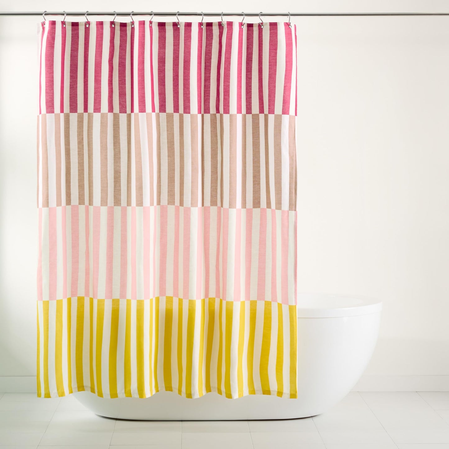 TOWN & COUNTRY PLAY Adeline Offset Stripe Cotton-Rich Breathable Fabric Shower Curtain with Anti-Rust Grommets, Pink/Beige/Yellow, 70"x72"
