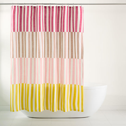 TOWN & COUNTRY PLAY Adeline Offset Stripe Cotton-Rich Breathable Fabric Shower Curtain with Anti-Rust Grommets, Pink/Beige/Yellow, 70"x72"