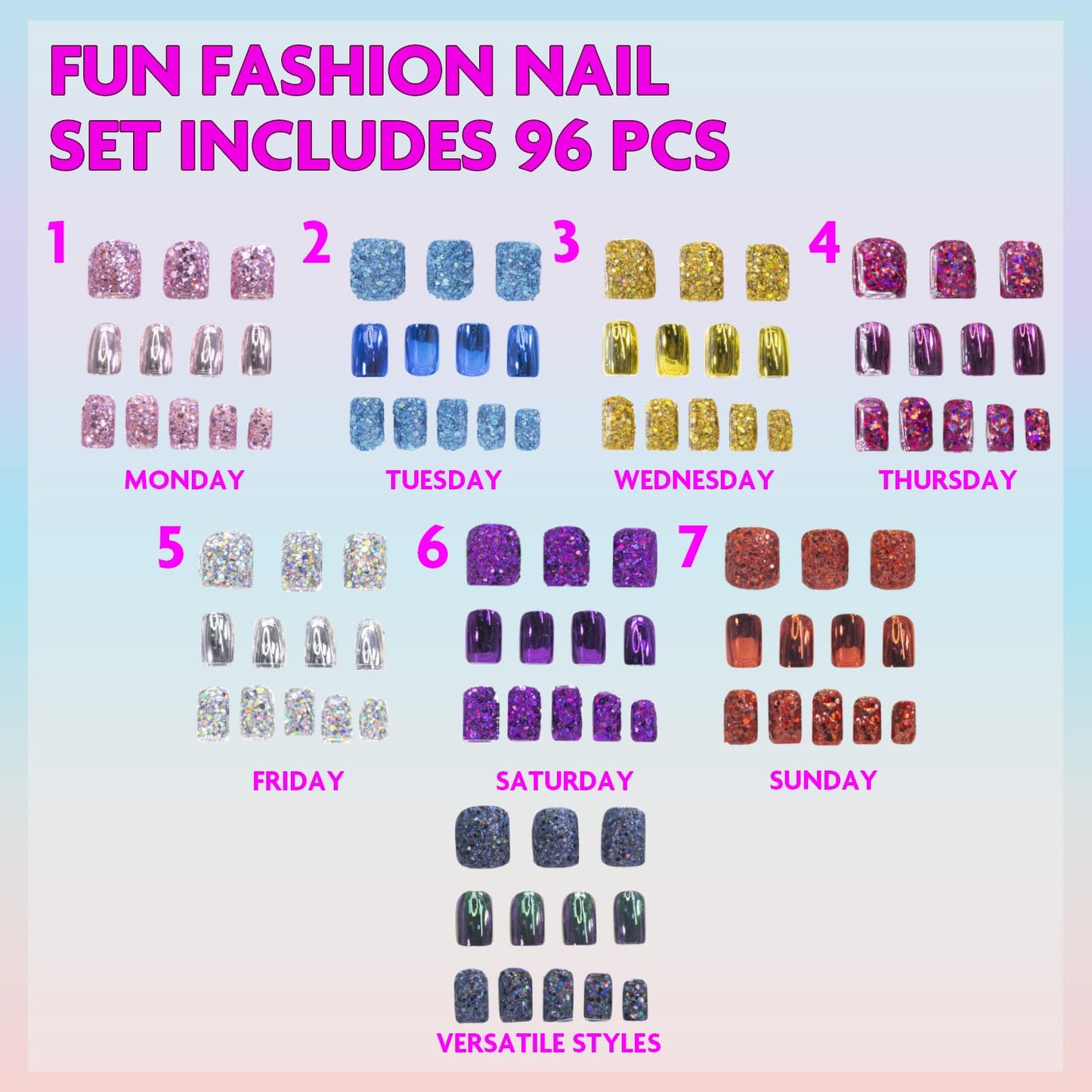 Townley Girl 96 Pcs Glitter-Glamup & Metallic Press-On Nails Artificial Fake False Nails Set for Tweens with Pre-Glue Full Cover Acrylic Nail Tip Kit