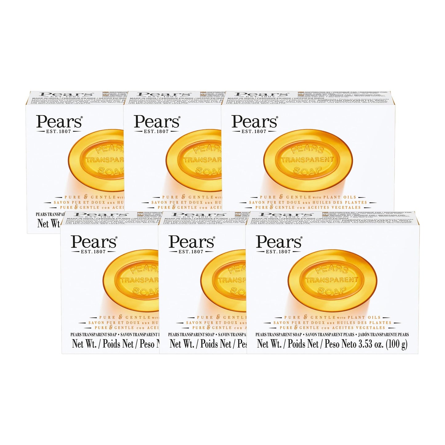 Pears Pure and Gentle with Glycerin and Natural Oils - Transparent Soap Bar for Radiant Skin - Bar Soap for Women and Men - Amber - 6 pc