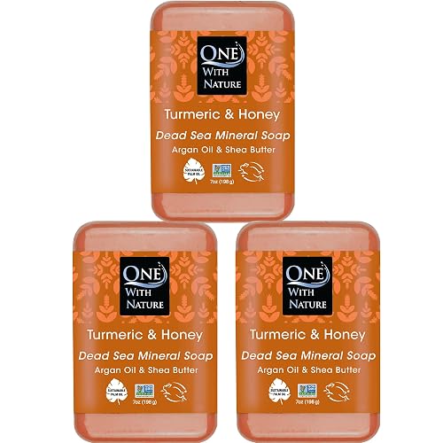 One With Nature Dead Sea Salt Turmeric Soap 7oz 3-Pack - Purifying and Exfoliating Soap Bar with Dead Sea Minerals and Honey for Face & Body, for Men