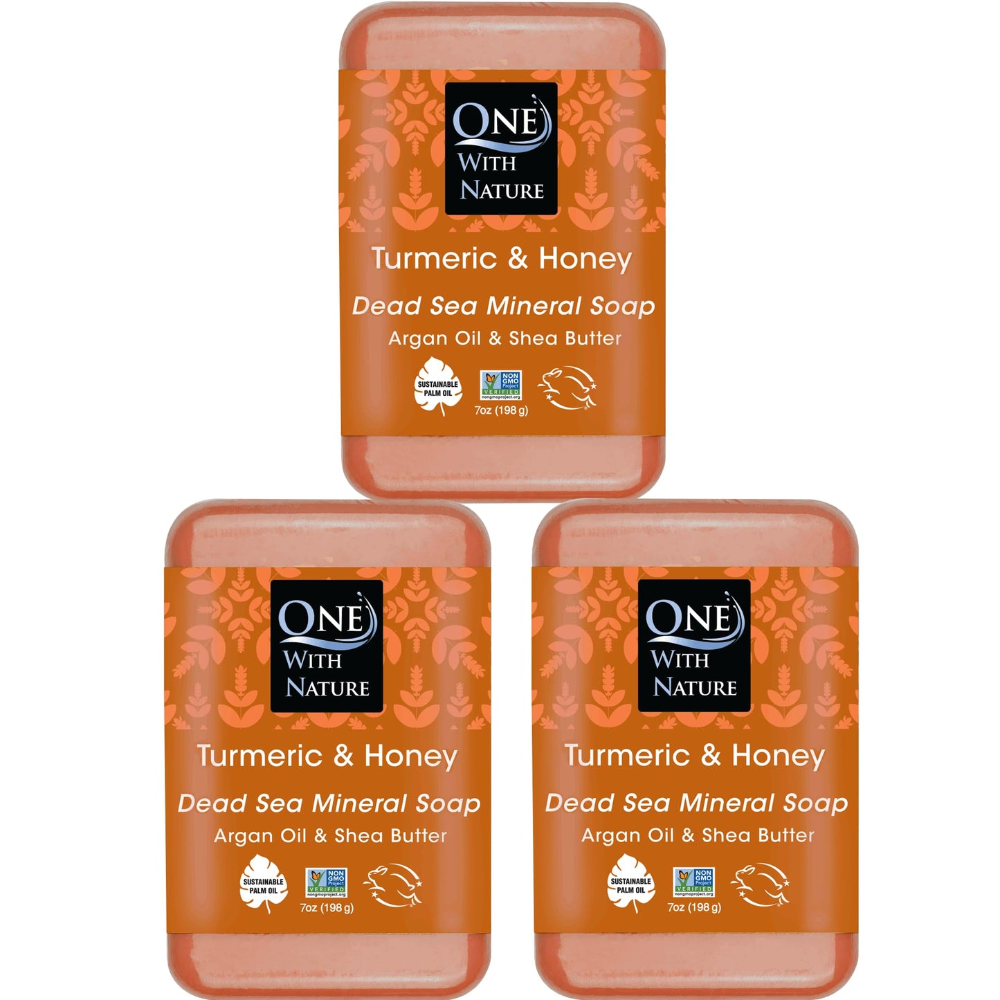 One With Nature Dead Sea Salt Turmeric Soap 7oz 3-Pack - Purifying and Exfoliating Soap Bar with Dead Sea Minerals and Honey for Face & Body, for Men