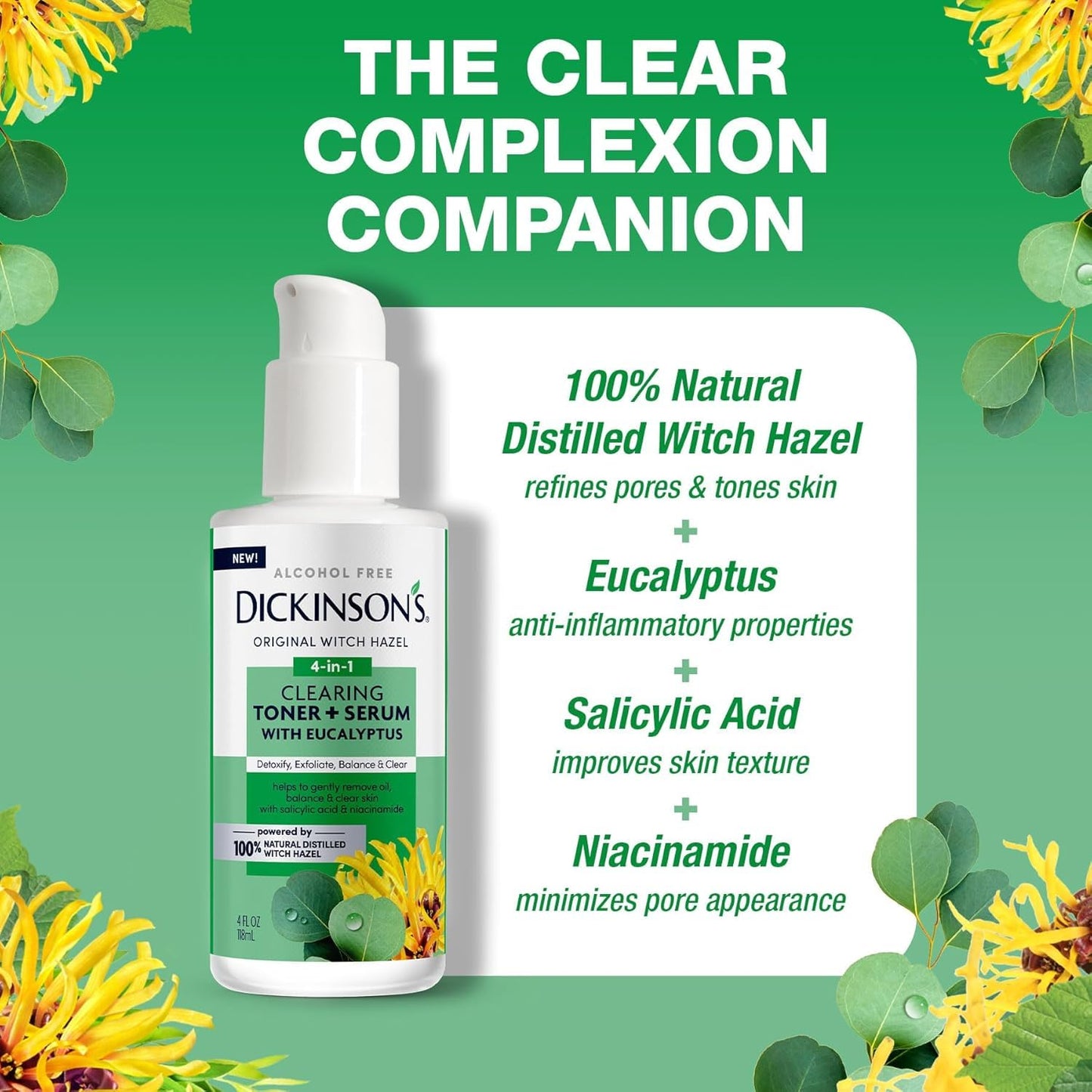Dickinson's Original Witch Hazel Clearing Toner + Serum with Eucalyptus | 100% Natural Distilled Witch Hazel | Alcohol-Free | Detoxifies & Tones Skin