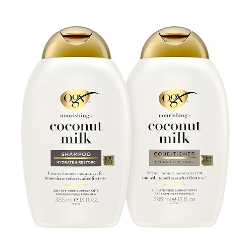 OGX Nourishing + Coconut Milk Sulfate Free Shampoo and Conditioner Set, Hydrates & Softens Hair, Lipi Pro Shield Technology, Creamy Coconut Milk White