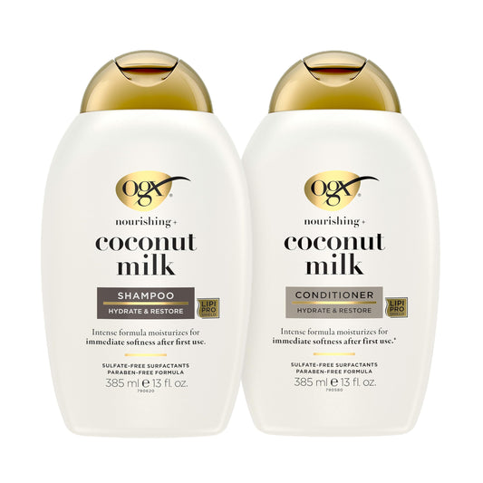 OGX Nourishing + Coconut Milk Sulfate Free Shampoo and Conditioner Set, Hydrates & Softens Hair, Lipi Pro Shield Technology, Creamy Coconut Milk White